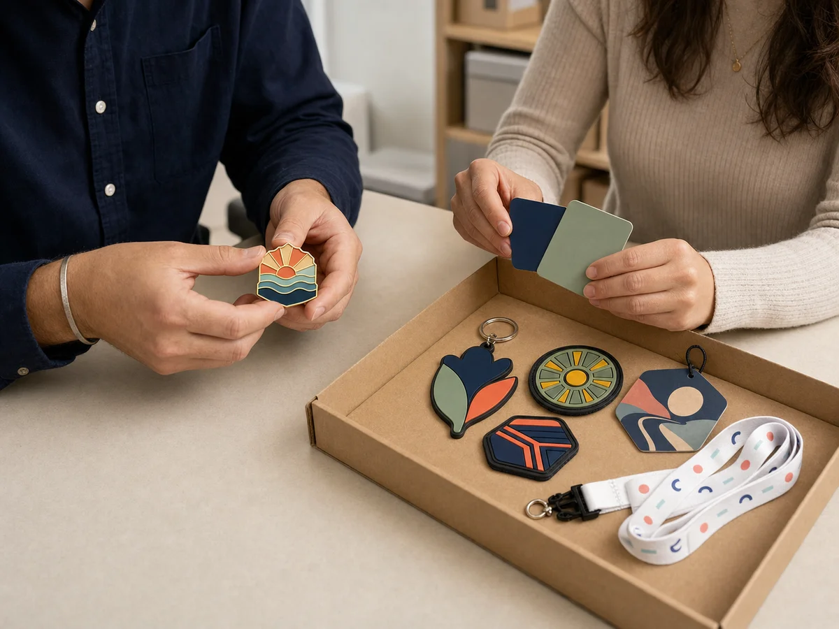 Promotional product professionals reviewing custom merchandise samples
