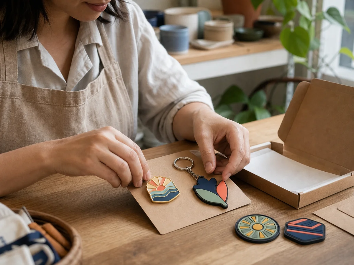 Small business owner packing custom keychains, enamel pins and PVC patches