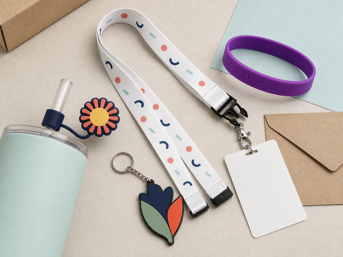 Custom event welcome kit with a printed lanyard, silicone wristband, PVC keychain and straw cap