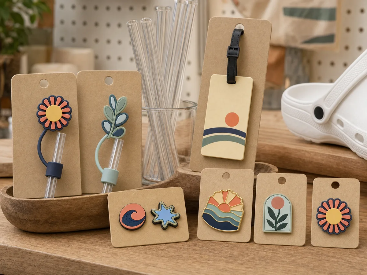 Retail-ready collection of custom straw caps, luggage tags, shoe charms and enamel pins
